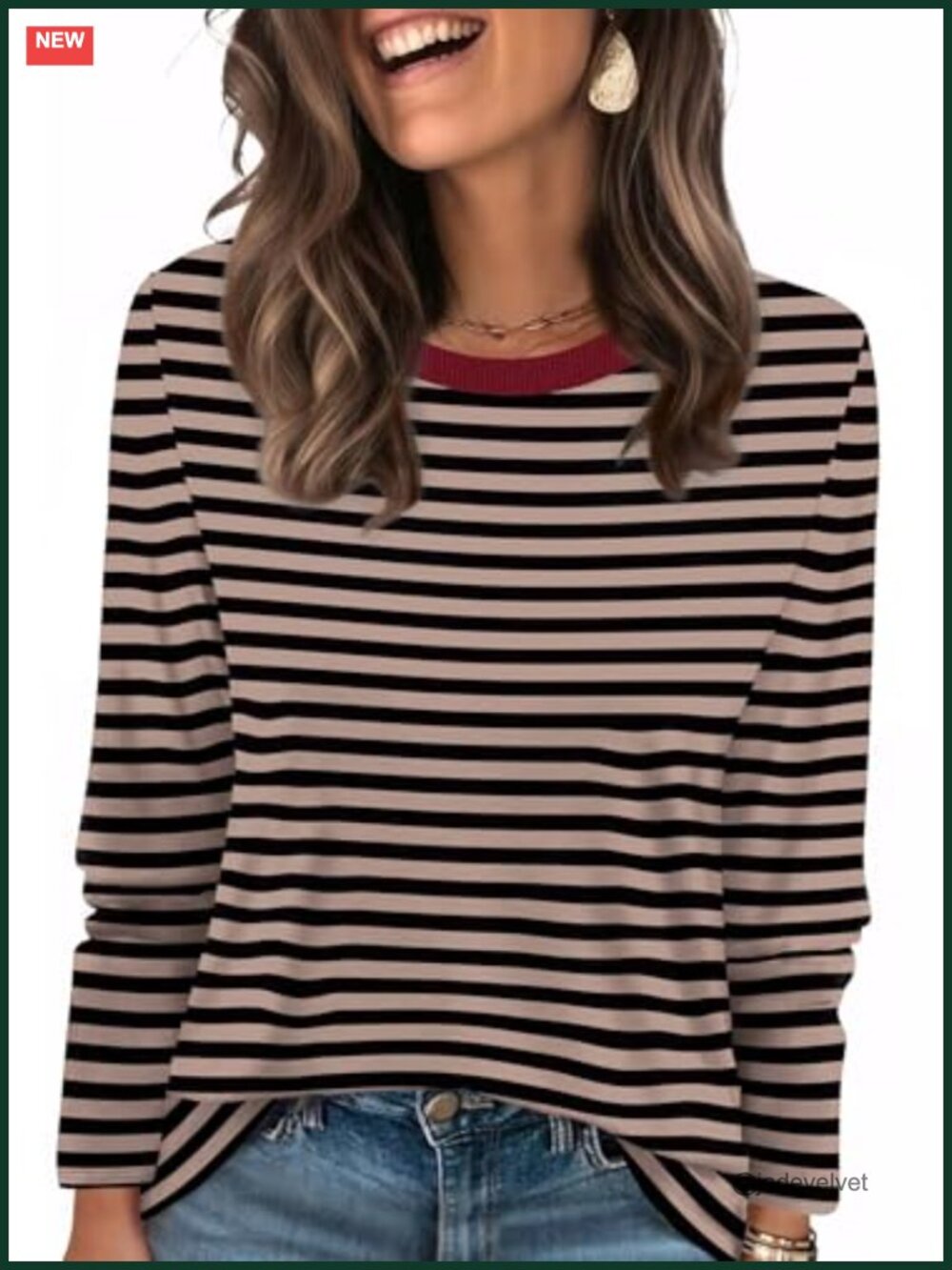 Womens Ribbed Crewneck Long Sleeve Striped T-Shirt Loose Fit Casual Fall Top